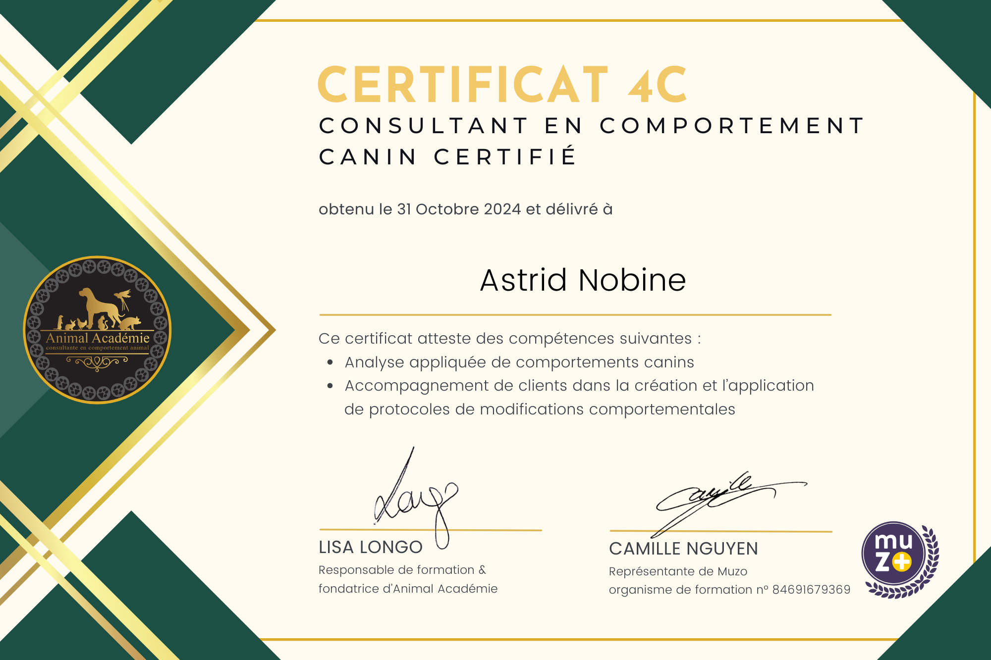 Diplome certificat 4C consultant en comportement canin certifie